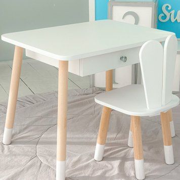 Стіл прямокутний з ящиком 46х60х45 і стілець вушка кролика 26х26х24, столик та стільчик в дитячу, білий 2112512324 фото