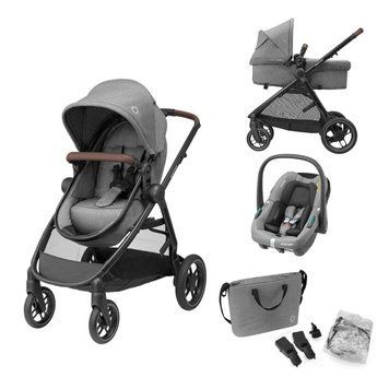 Коляска MAXI-COSI ZELIA S TRIO Grey (Black Frame/Brown Leather + CabrioFix S i-Size + сумка) 000037275 фото