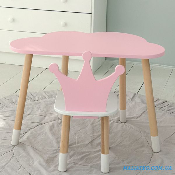 Стіл хмаринка 46х70х40 та стільчик коронка 26х26х26, дитячий столик та стілець для ігор/занять, рожевий з білим 2112507696 фото
