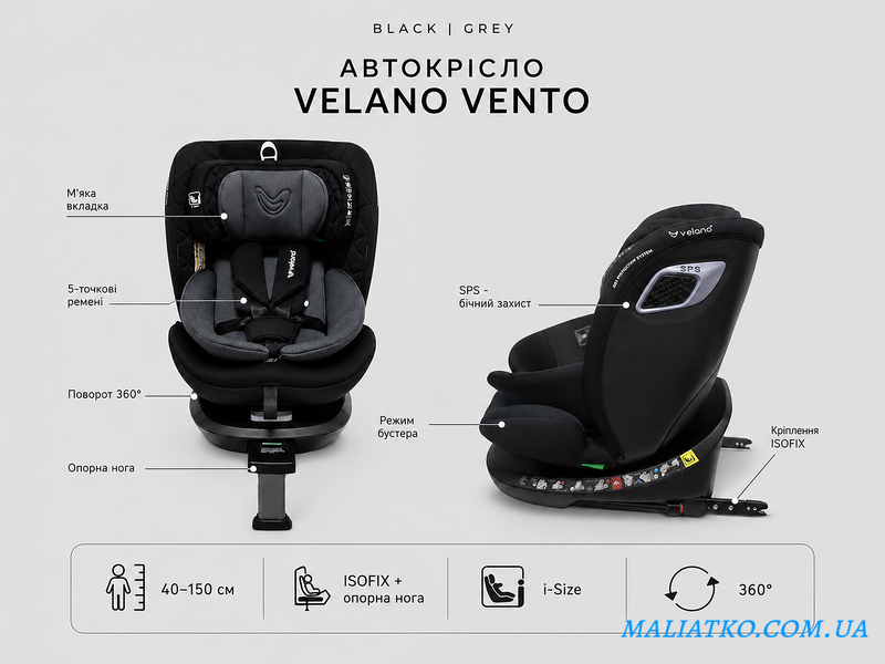 Автокрісло VELANO Vento 360&deg; i-Size 40&ndash;150 см, ISOFIX + опорна нога, grey sf59731 фото