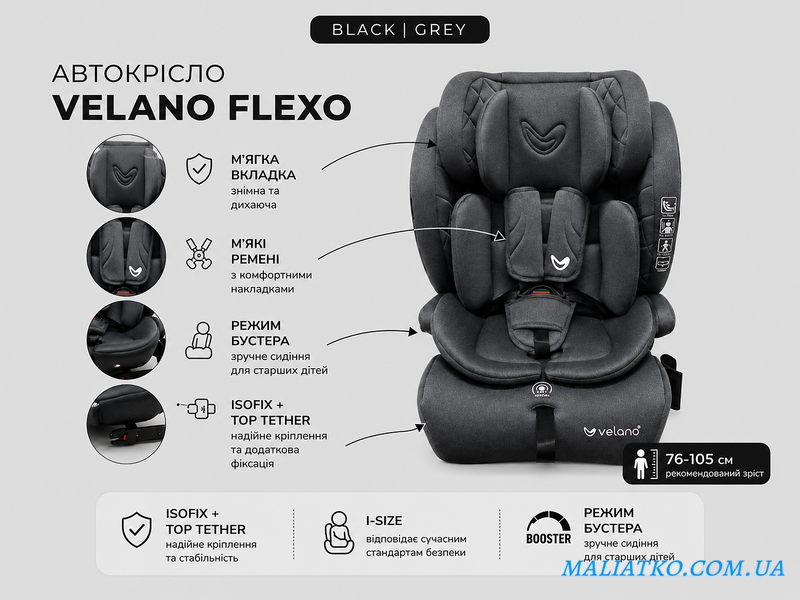 Автокрісло VELANO Flexo i-Size 76&ndash;150 см, ISOFIX + Top Tether/ремінь, black sf59726 фото