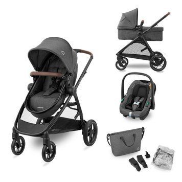 Коляска MAXI-COSI ZELIA S TRIO Dark Grey (Black Frame/Brown Leather + CabrioFix S i-Size + сумка) 000037276 фото